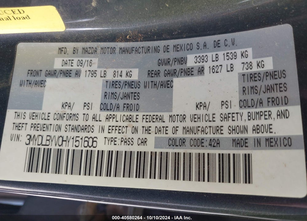 2017 TOYOTA YARIS IA VIN: 3MYDLBYV0HY151606