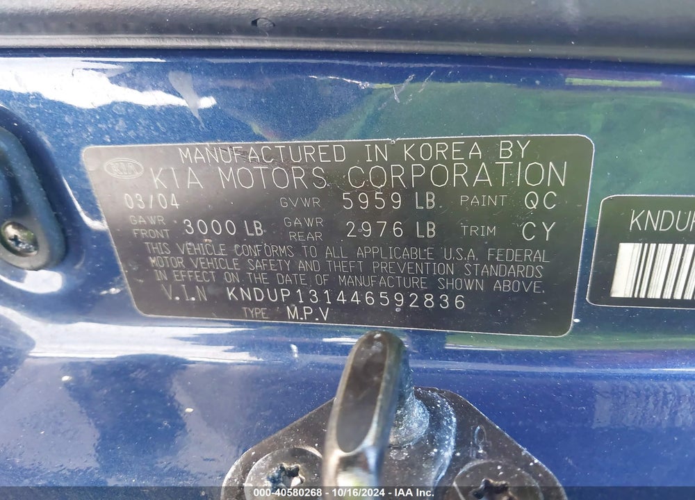 2004 KIA SEDONA EX/LX VIN: KNDUP131446592836