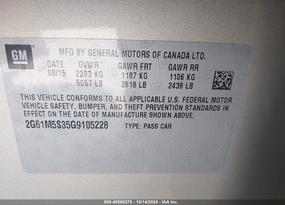 2016 CADILLAC XTS LUXURY COLLECTION VIN: 2G61M5S35G9105228