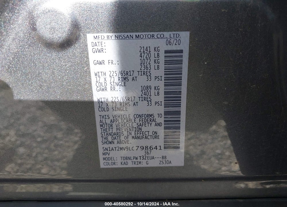 2020 NISSAN ROGUE S INTELLIGENT AWD VIN: 5N1AT2MV9LC798641