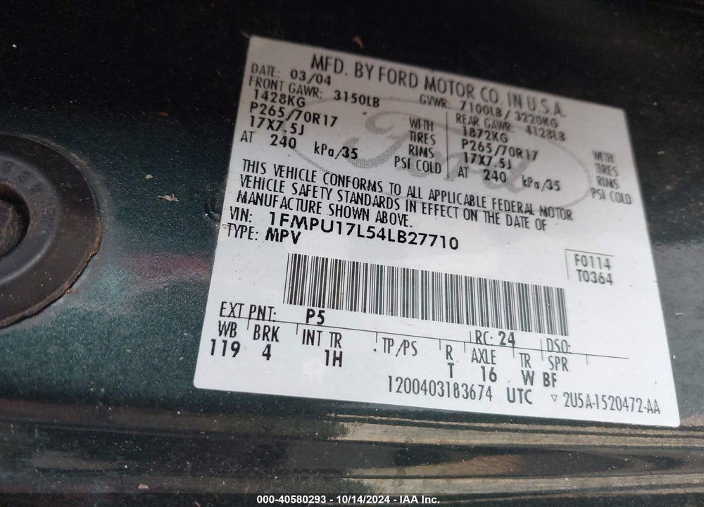 2004 FORD EXPEDITION EDDIE BAUER VIN: 1FMPU17L54LB27710