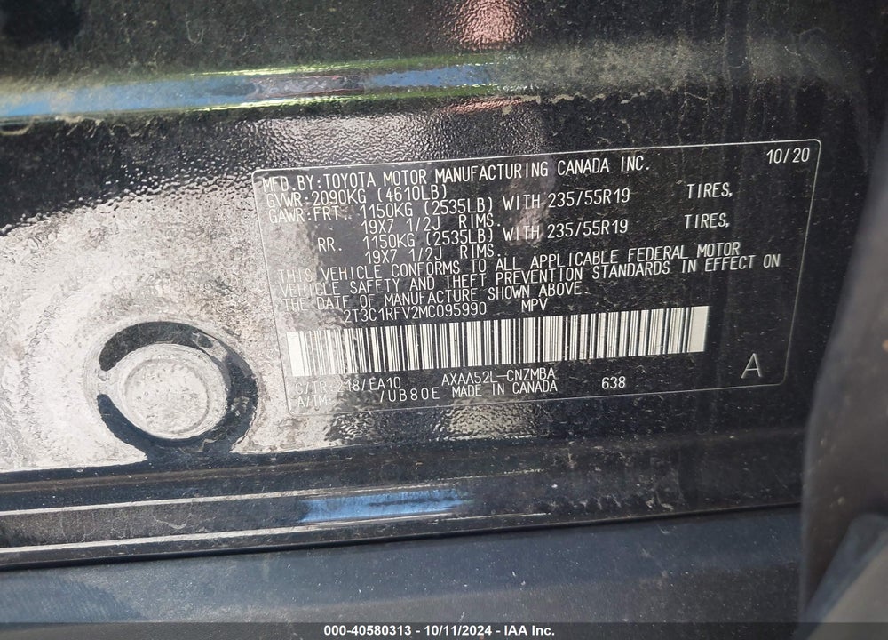 2021 TOYOTA RAV4 XLE PREMIUM VIN: 2T3C1RFV2MC095990