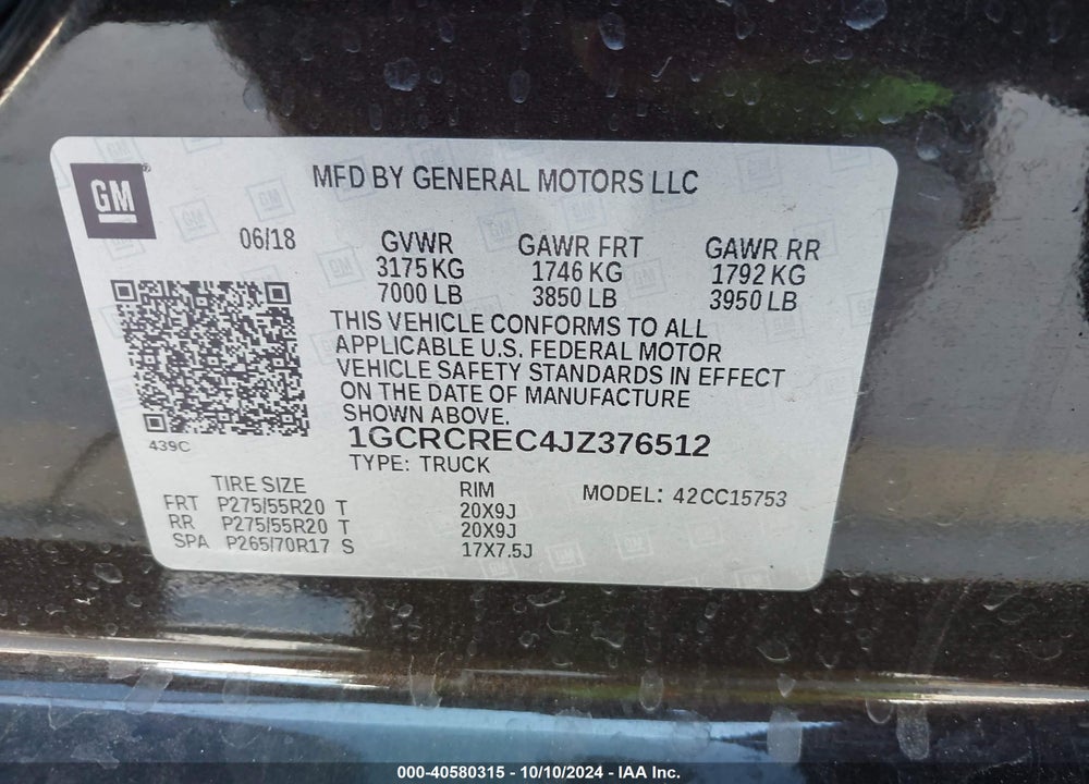 2018 CHEVROLET SILVERADO 1500 1LT VIN: 1GCRCREC4JZ376512