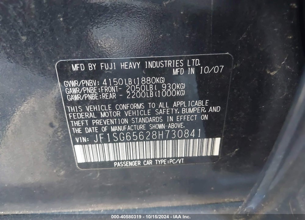 2008 SUBARU FORESTER 2.5X VIN: JF1SG65628H730841