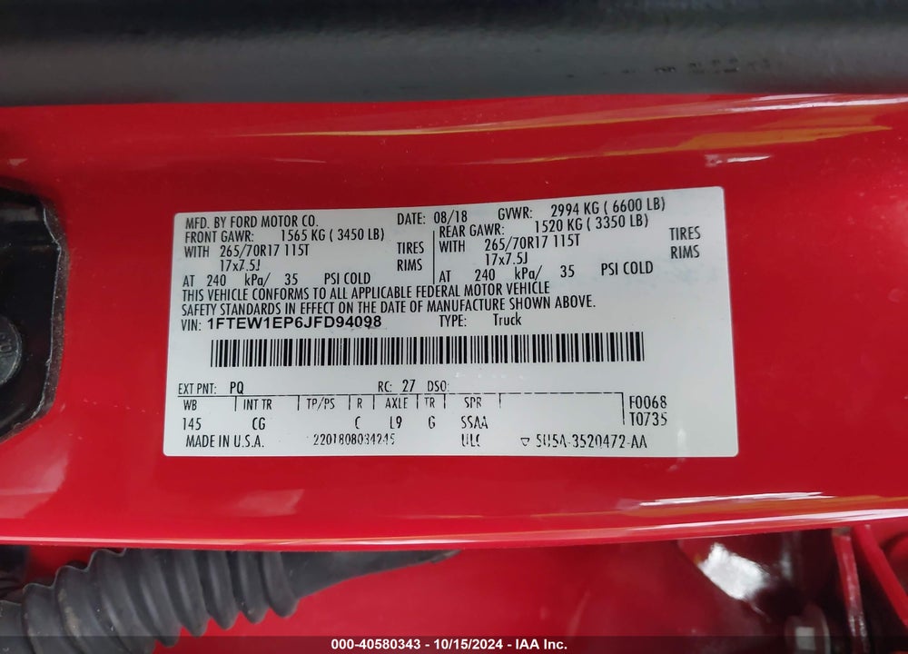 2018 FORD F-150 XL VIN: 1FTEW1EP6JFD94098