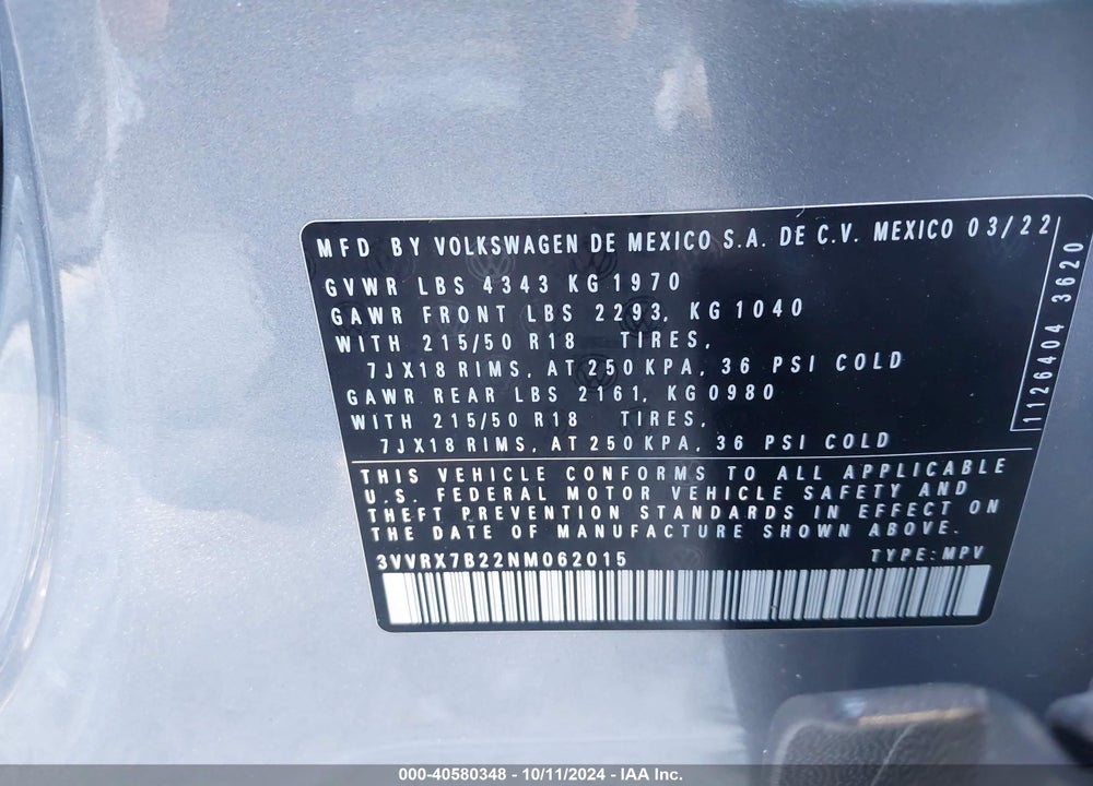 2022 VOLKSWAGEN TAOS 1.5T SE VIN: 3VVRX7B22NM062015