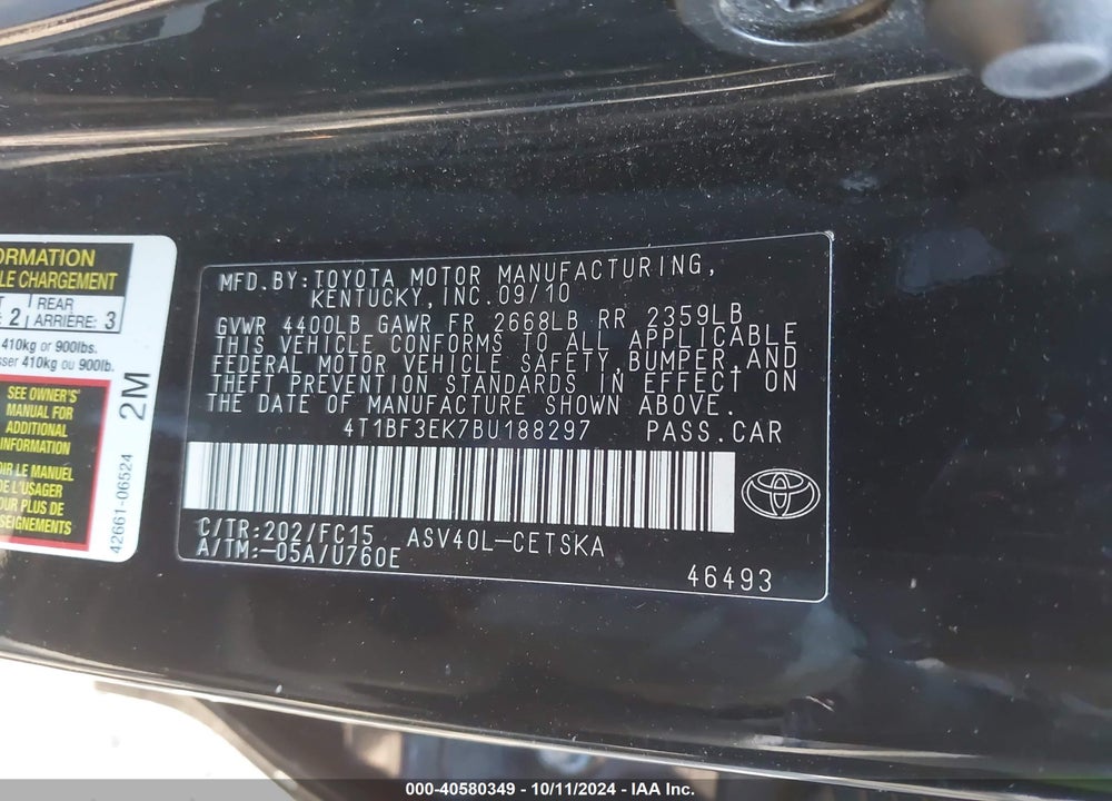 2011 TOYOTA CAMRY SE VIN: 4T1BF3EK7BU188297