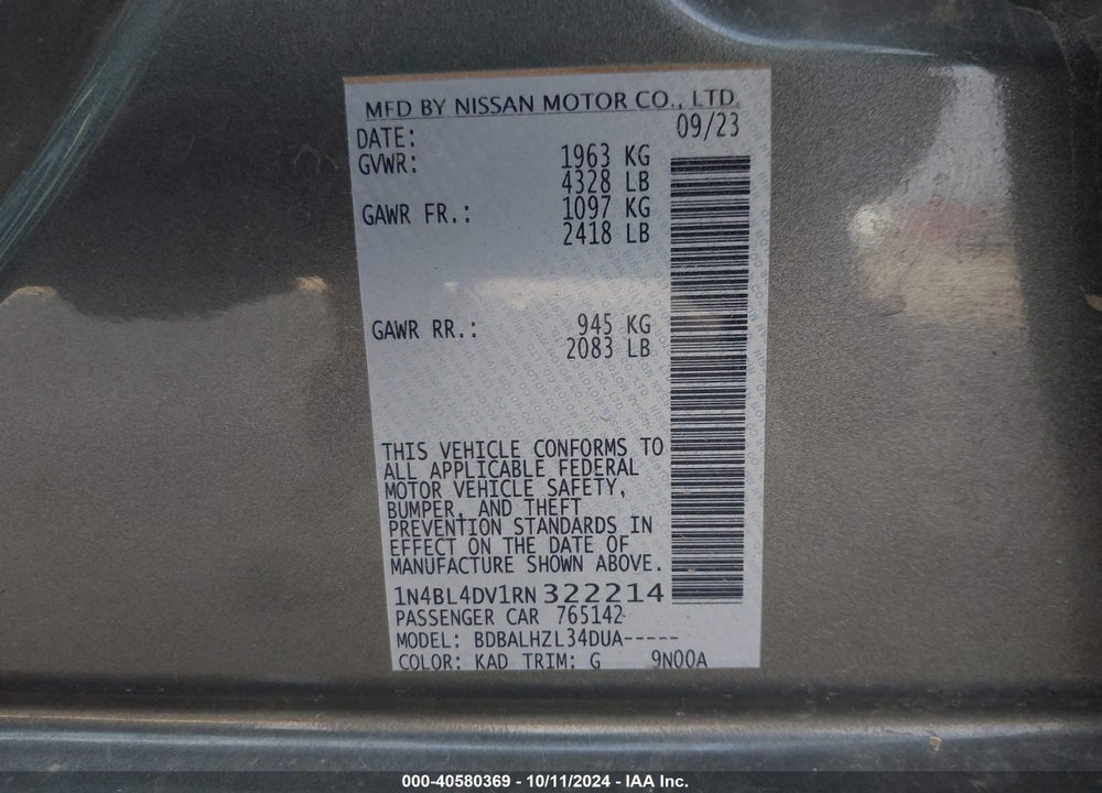 2024 NISSAN ALTIMA SV FWD VIN: 1N4BL4DV1RN322214