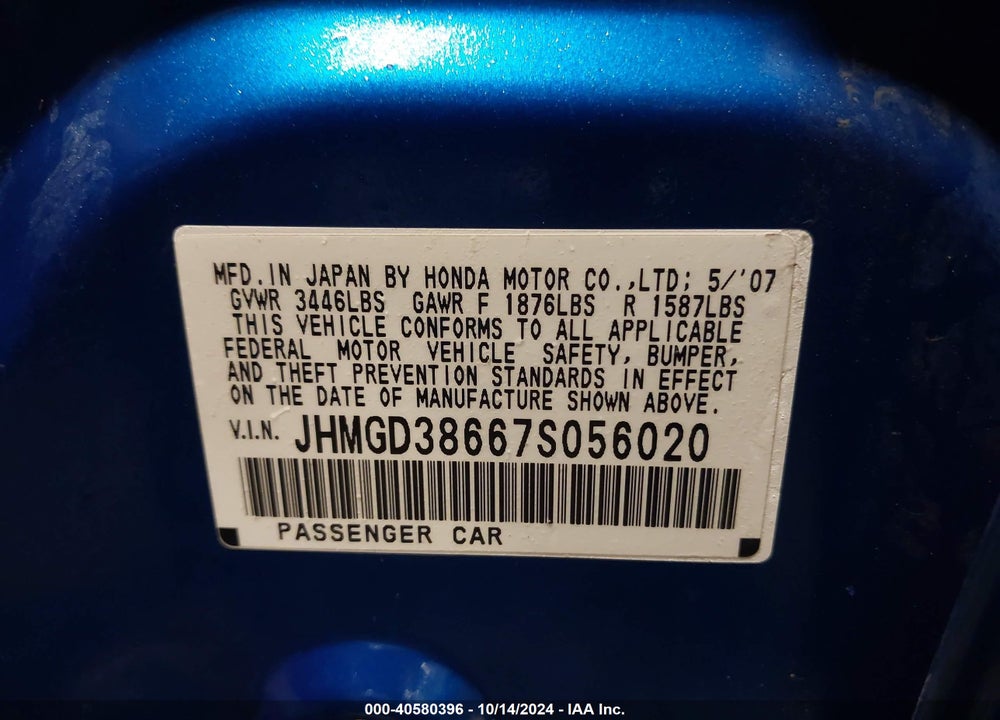 2007 HONDA FIT SPORT VIN: JHMGD38667S056020