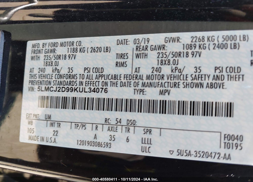2019 LINCOLN MKC SELECT VIN: 5LMCJ2D99KUL34076