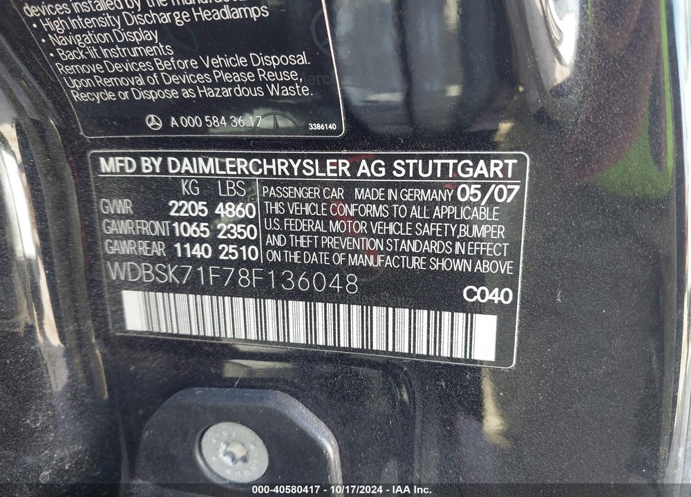 2008 MERCEDES-BENZ SL 550 VIN: WDBSK71F78F136048