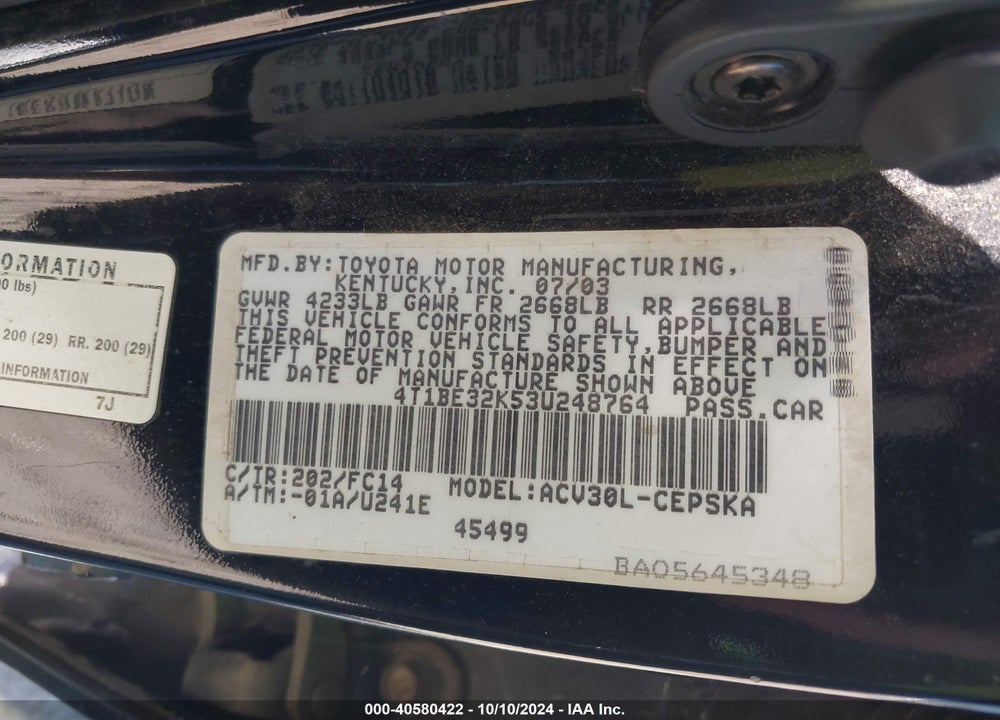2003 TOYOTA CAMRY SE VIN: 4T1BE32K53U248764