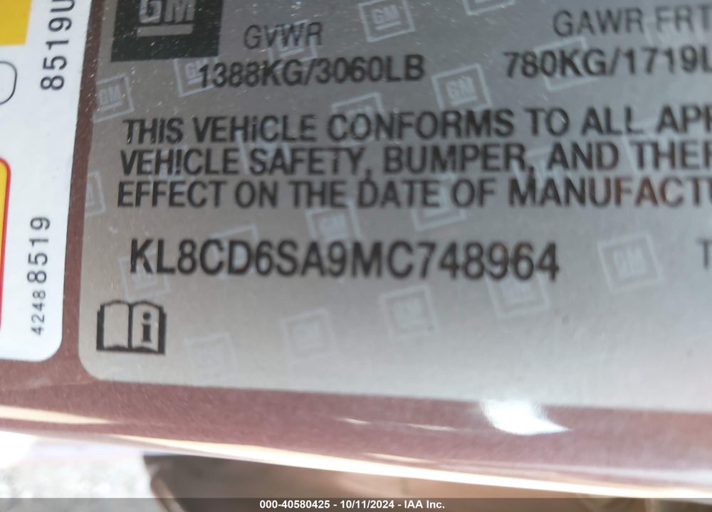 2021 CHEVROLET SPARK FWD 1LT AUTOMATIC VIN: KL8CD6SA9MC748964
