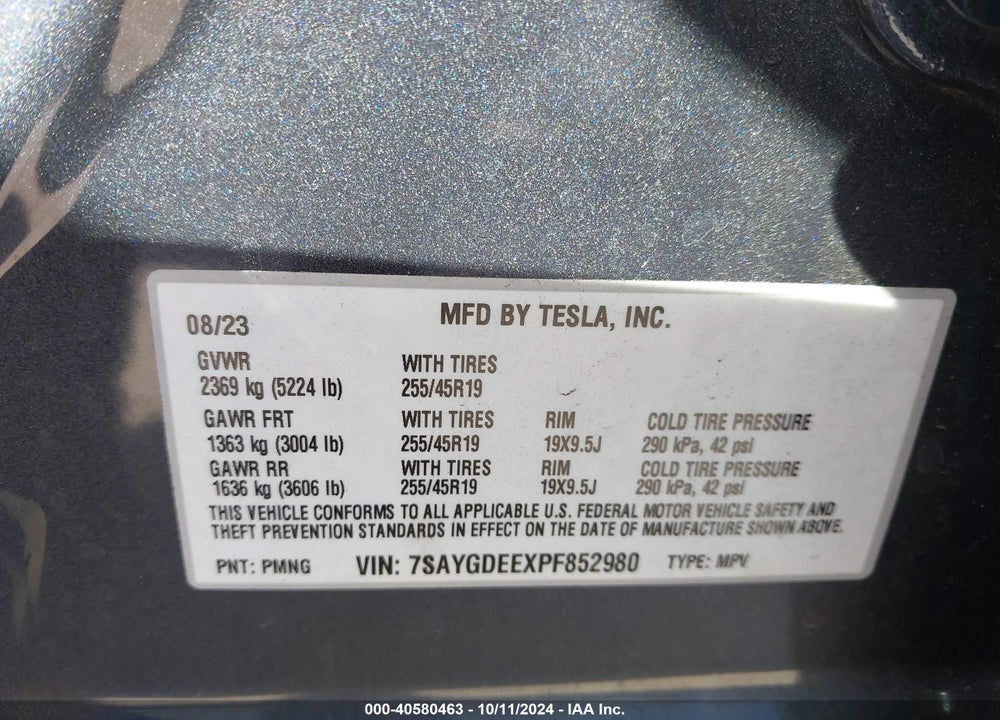 2023 TESLA MODEL Y AWD/LONG RANGE DUAL MOTOR ALL-WHEEL DRIVE VIN: 7SAYGDEEXPF852980