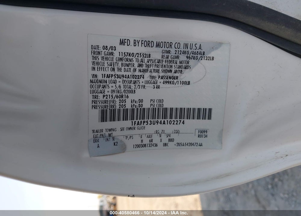 2004 FORD TAURUS SE VIN: 1FAFP53U94A102274