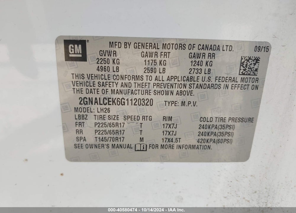 2016 CHEVROLET EQUINOX LT VIN: 2GNALCEK6G1120320