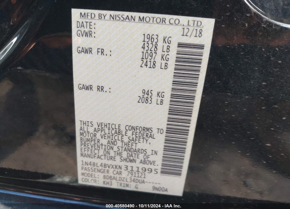 2019 NISSAN ALTIMA VIN: 1N4BL4BVXKN311995