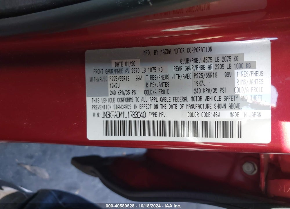 2020 MAZDA CX-5 GRAND TOURING VIN: JM3KFADM1L1783040