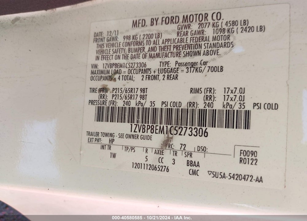 2012 FORD MUSTANG VIN: 1ZVBP8EM1C5273306