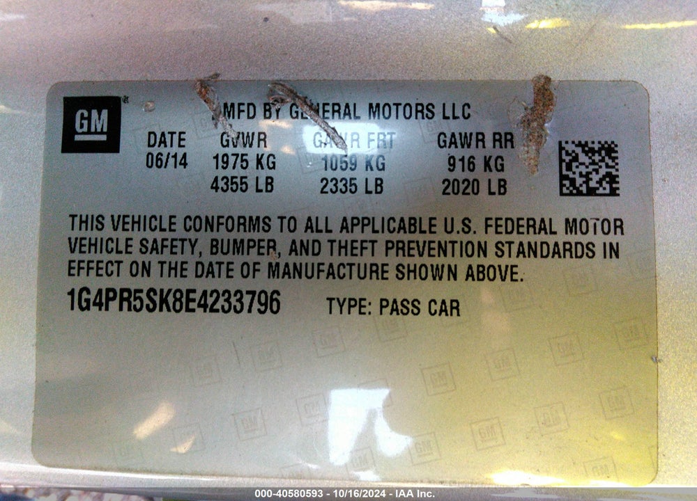 2014 BUICK VERANO CONVENIENCE GROUP VIN: 1G4PR5SK8E4233796