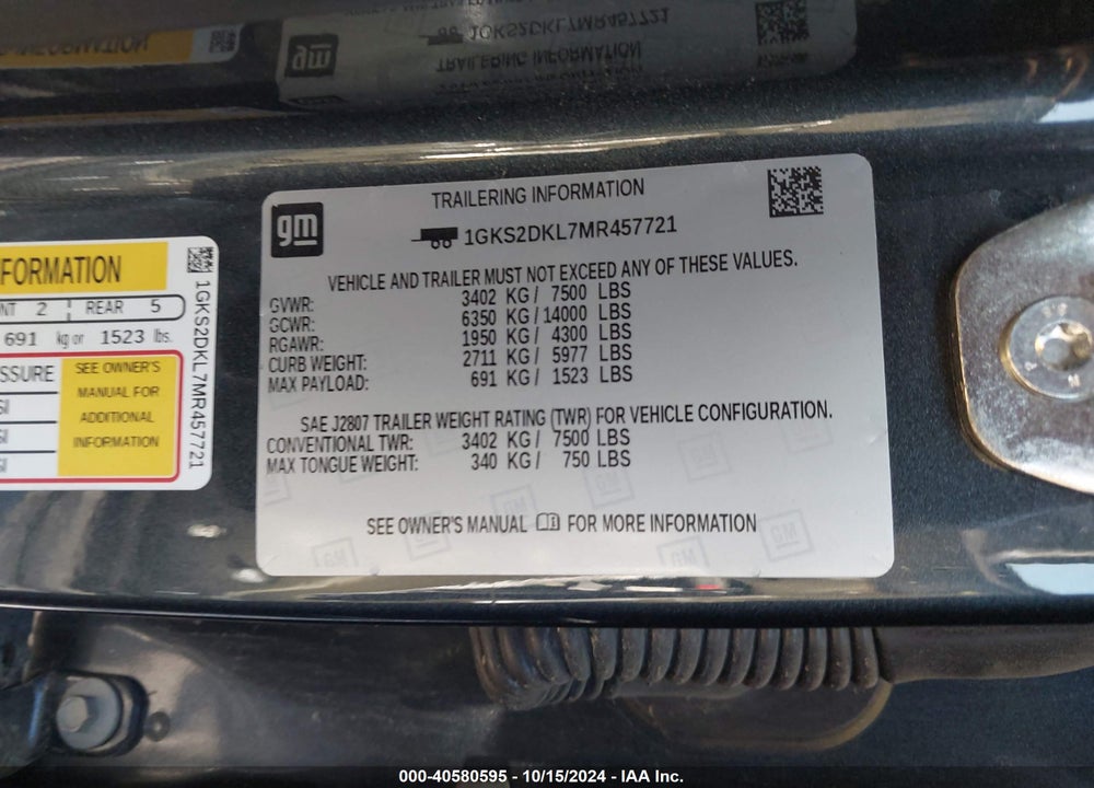 2021 GMC YUKON 4WD DENALI VIN: 1GKS2DKL7MR457721
