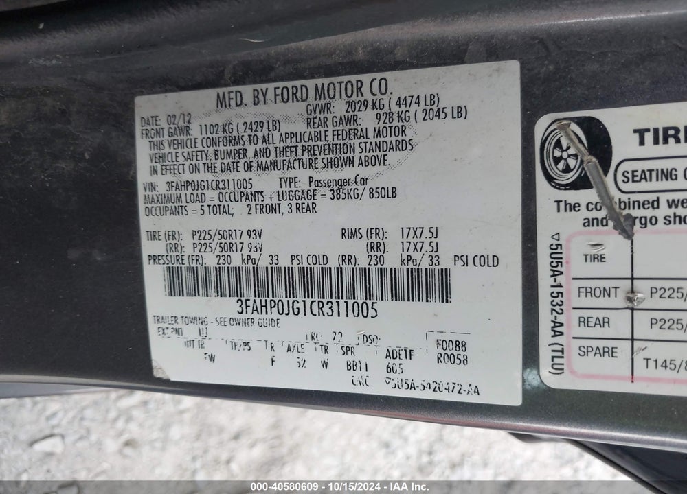2012 FORD FUSION SEL VIN: 3FAHP0JG1CR311005
