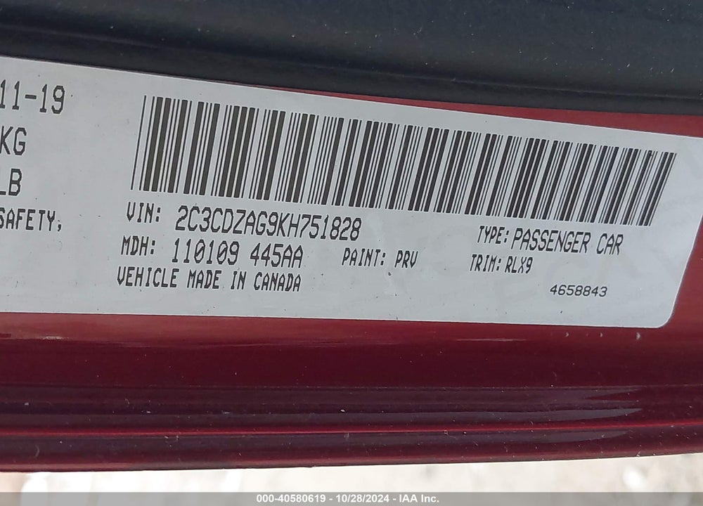 2019 DODGE CHALLENGER VIN: 2C3CDZAG9KH751828