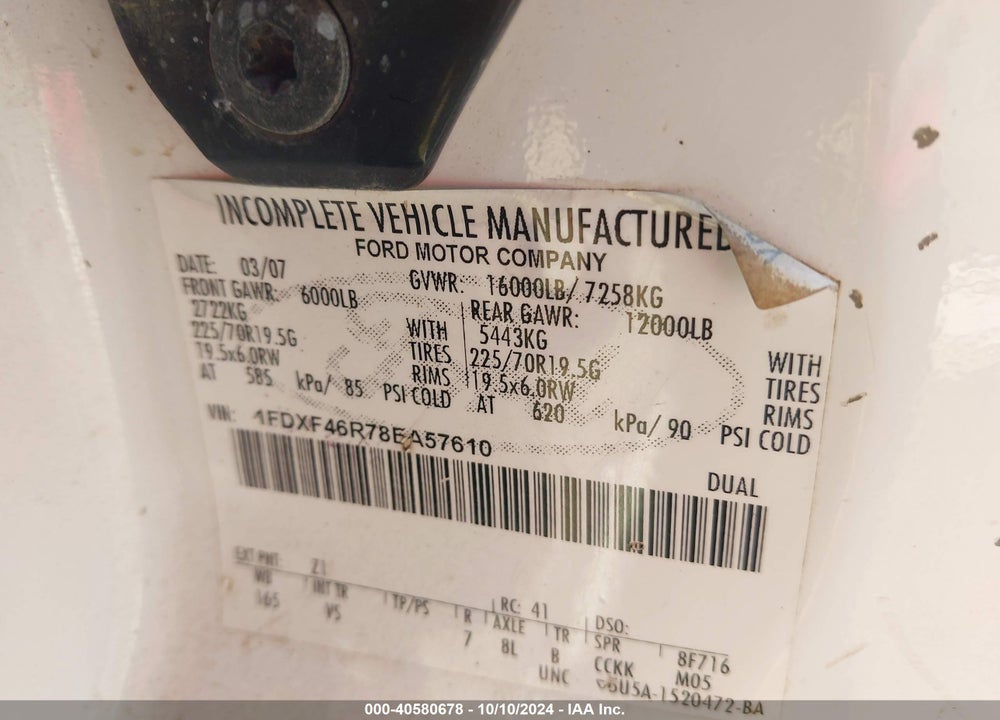 2008 FORD F-450 CHASSIS XL/XLT VIN: 1FDXF46R78EA57610