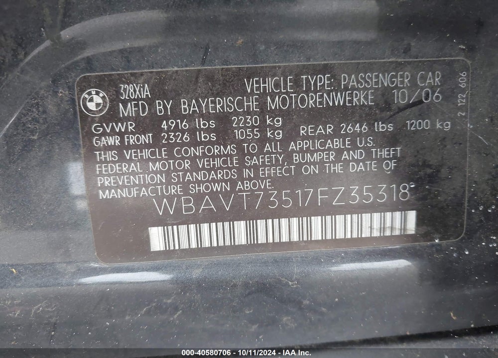 2007 BMW 328XI VIN: WBAVT73517FZ35318