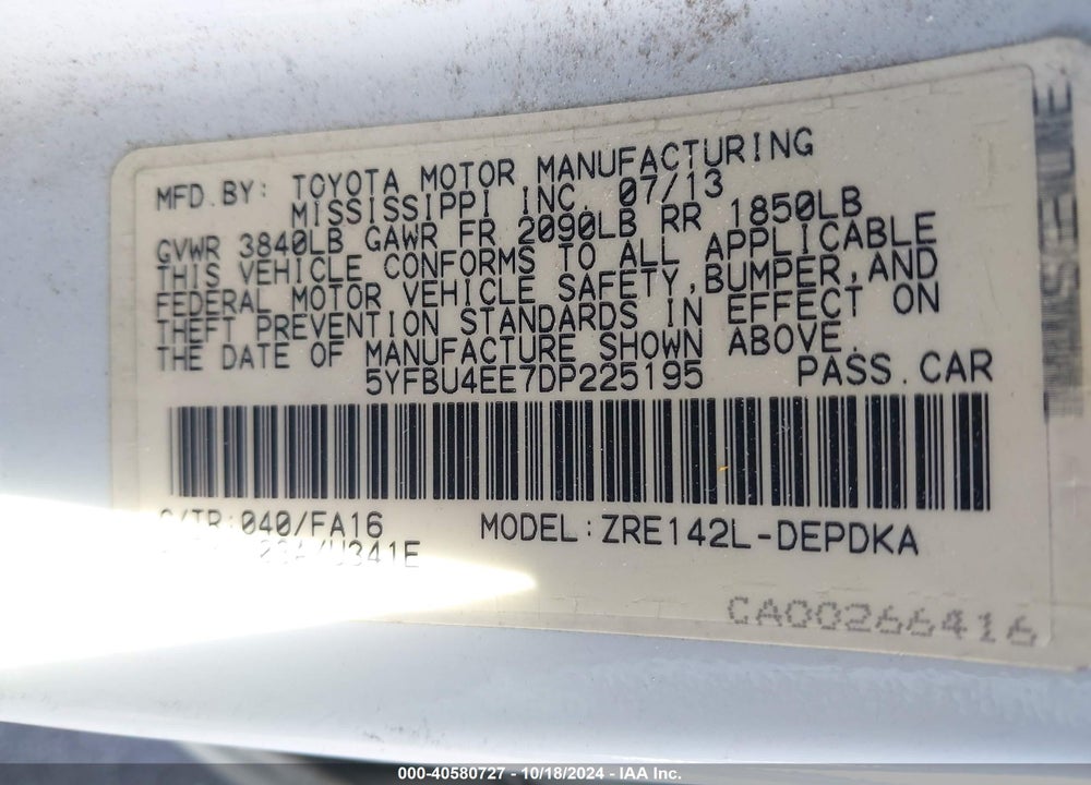 2013 TOYOTA COROLLA L VIN: 5YFBU4EE7DP225195