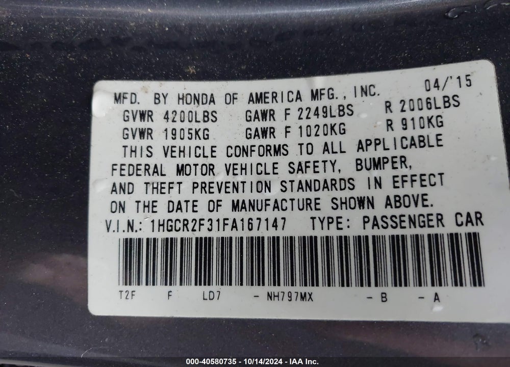 2015 HONDA ACCORD LX VIN: 1HGCR2F31FA167147