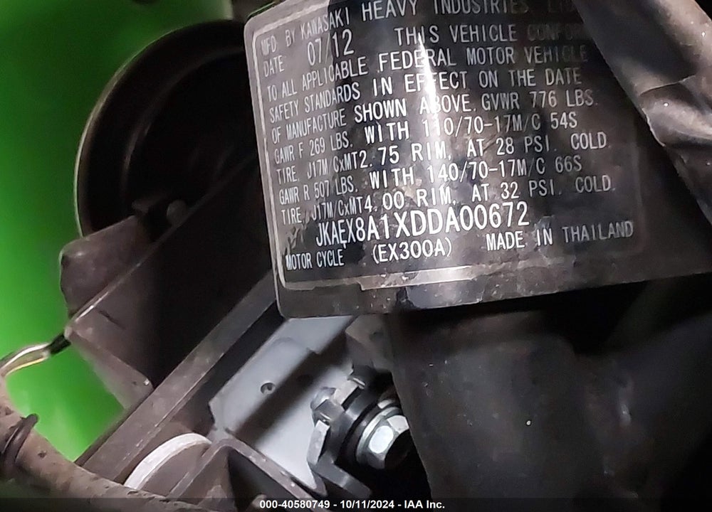 2013 KAWASAKI EX300 A VIN: JKAEX8A1XDDA00672