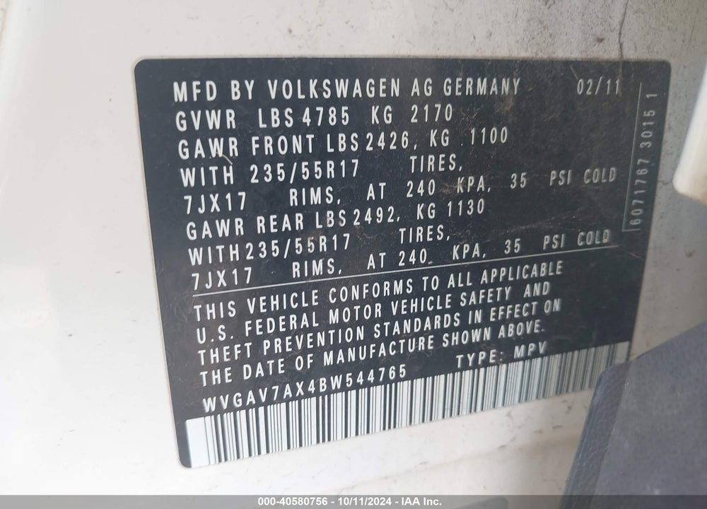 2011 VOLKSWAGEN TIGUAN SE VIN: WVGAV7AX4BW544765