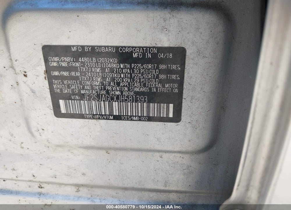2018 SUBARU FORESTER 2.5I PREMIUM VIN: JF2SJAGCXJH581393
