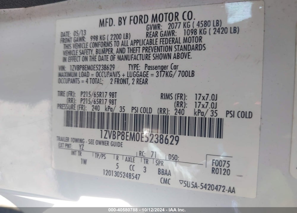 2014 FORD MUSTANG V6 VIN: 1ZVBP8EM0E5238629