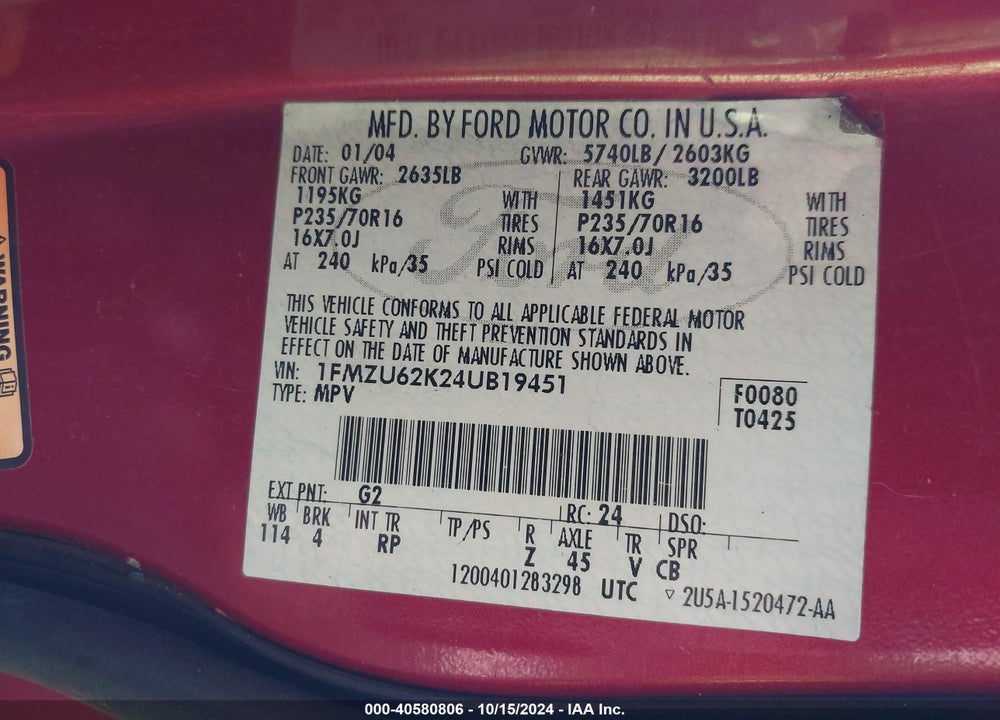 2004 FORD EXPLORER XLS VIN: 1FMZU62K24UB19451