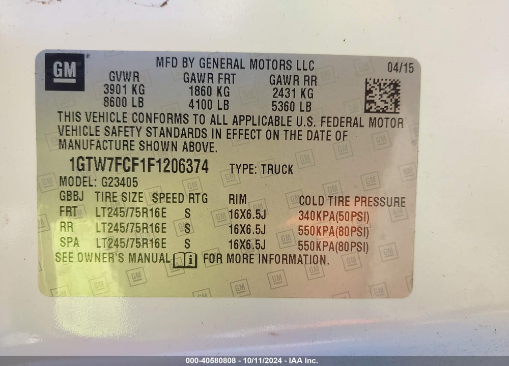 2015 GMC SAVANA 2500 WORK VAN VIN: 1GTW7FCF1F1206374