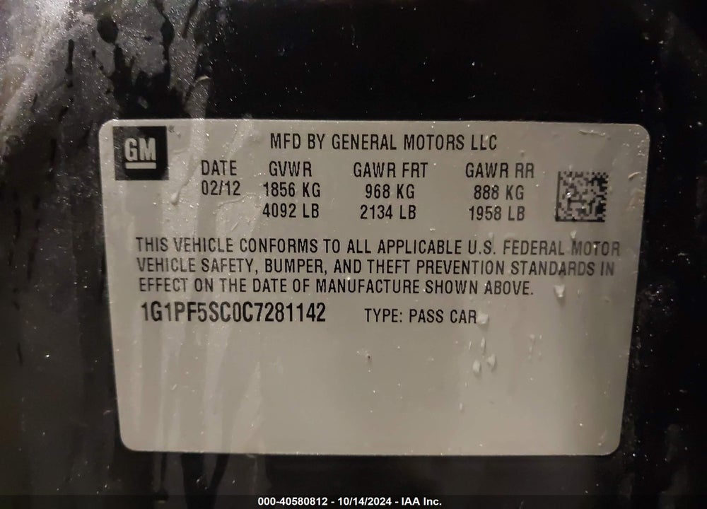 2012 CHEVROLET CRUZE 1LT VIN: 1G1PF5SC0C7281142
