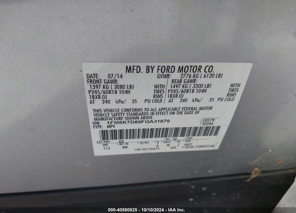 2015 FORD EXPLORER XLT VIN: 1FM5K7D89FGA31879