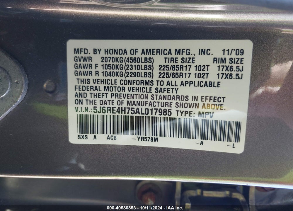 2010 HONDA CR-V EX-L VIN: 5J6RE4H75AL017985