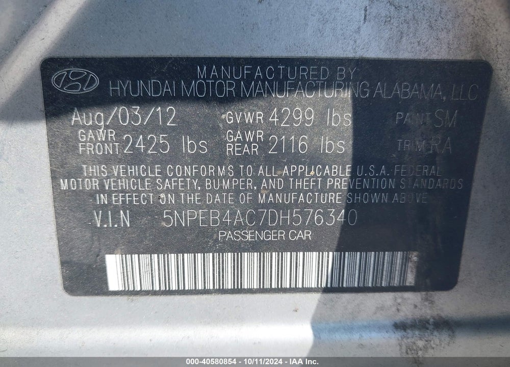 2013 HYUNDAI SONATA VIN: 5NPEB4AC7DH576340