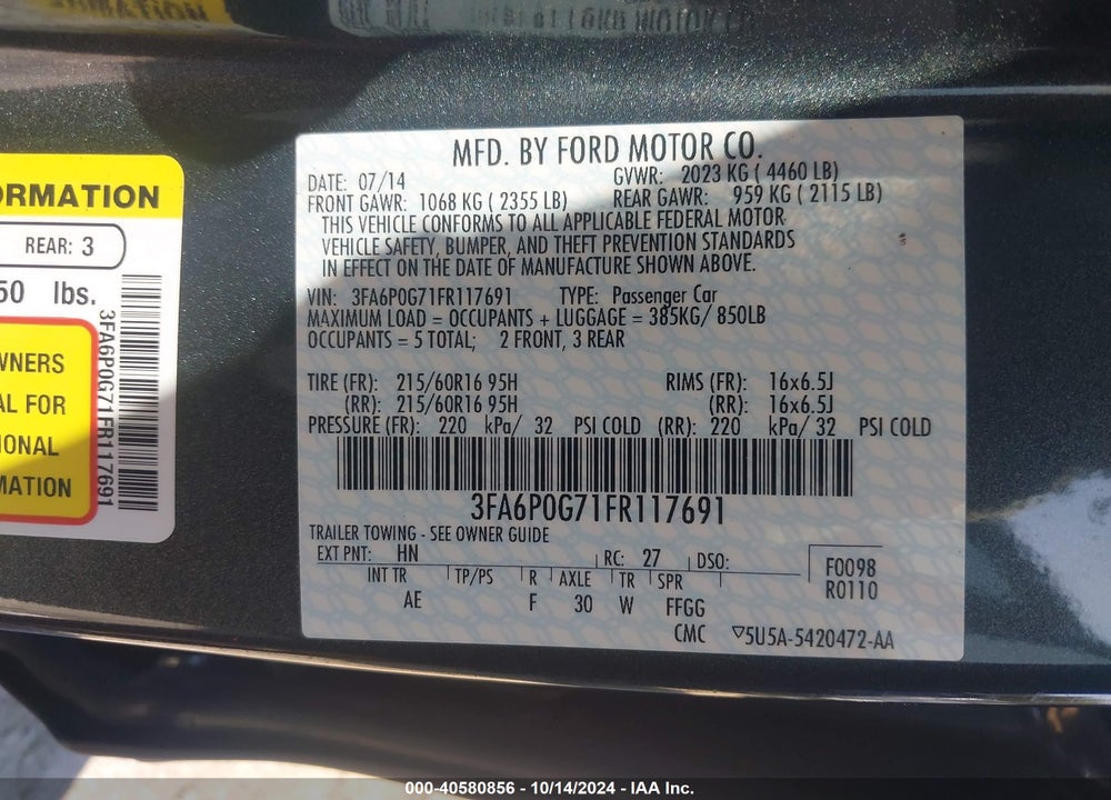 2015 FORD FUSION S VIN: 3FA6P0G71FR117691