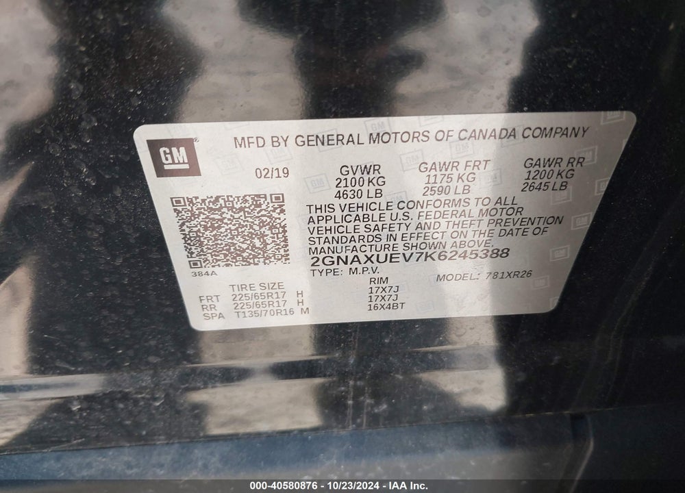 2019 CHEVROLET EQUINOX LT VIN: 2GNAXUEV7K6245388