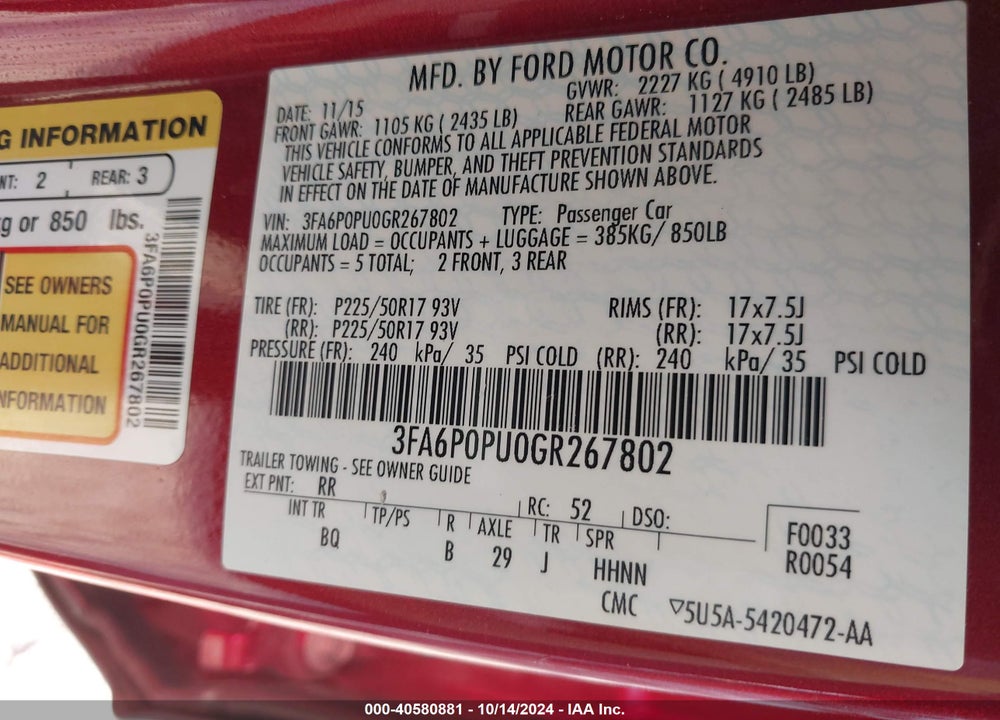 2016 FORD FUSION ENERGI SE LUXURY VIN: 3FA6P0PU0GR267802