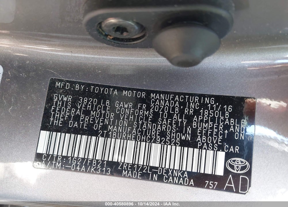 2017 TOYOTA COROLLA LE VIN: 2T1BURHE0HC792525