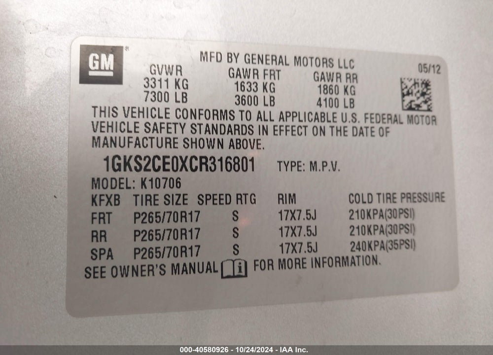 2012 GMC YUKON SLT VIN: 1GKS2CE0XCR316801