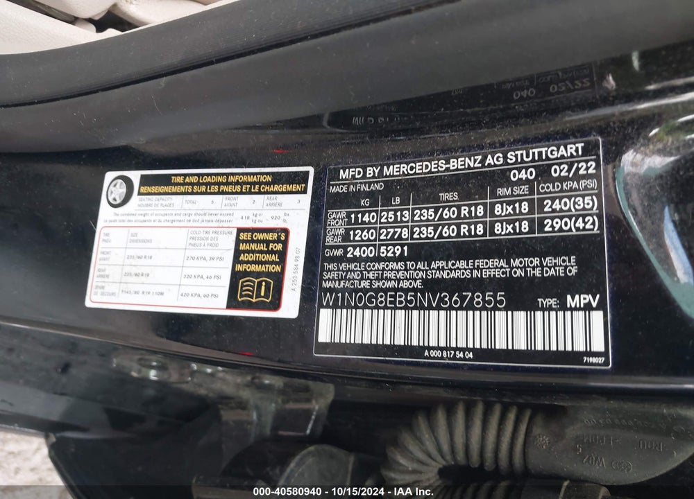 2022 MERCEDES-BENZ GLC 300 4MATIC SUV VIN: W1N0G8EB5NV367855