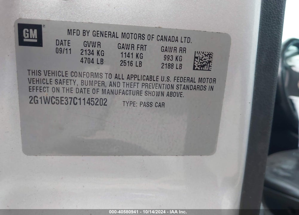 2012 CHEVROLET IMPALA LTZ VIN: 2G1WC5E37C1145202