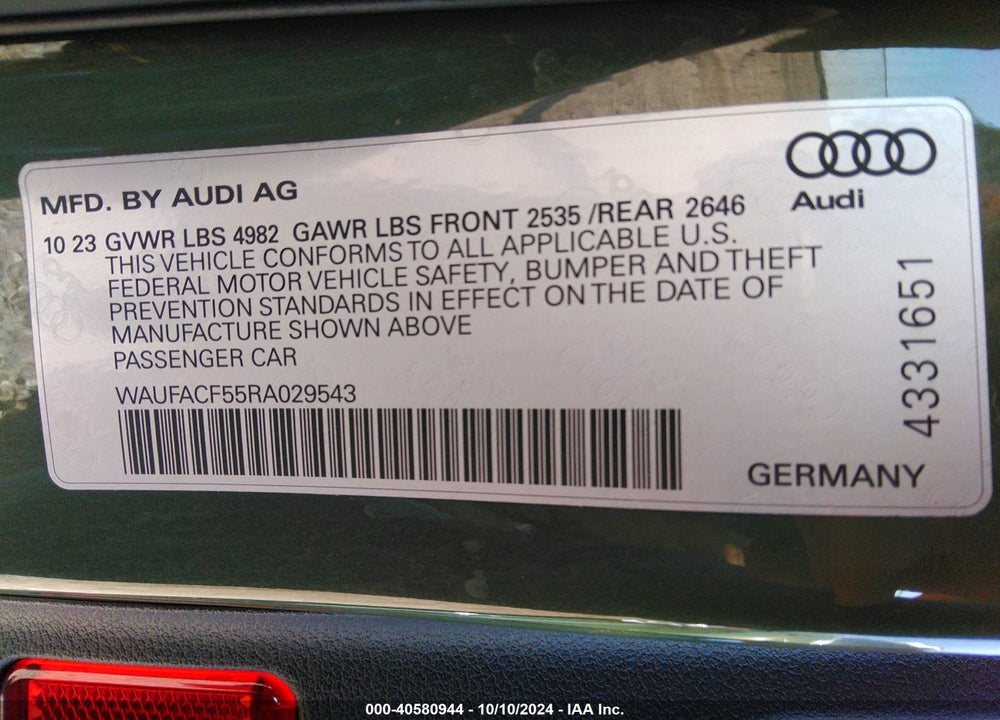 2024 AUDI A5 SPORTBACK PREMIUM PLUS 45 TFSI QUATTRO S TRONIC VIN: WAUFACF55RA029543