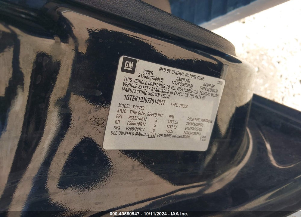 2007 GMC SIERRA 1500 SLE1 VIN: 1GTEK19J07Z514017